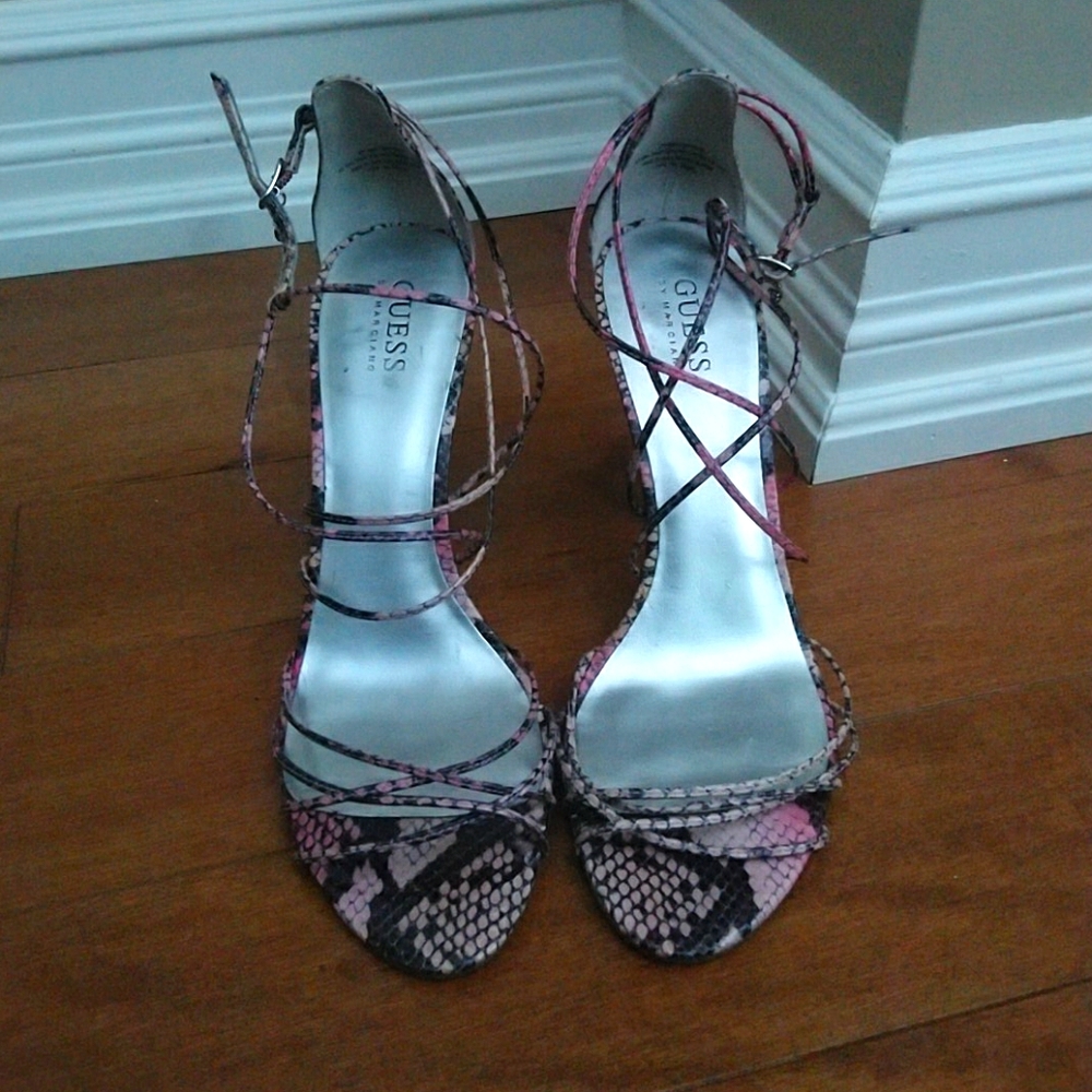 Guess by Marciano Pink and Black Snakeskin Strappy Heels